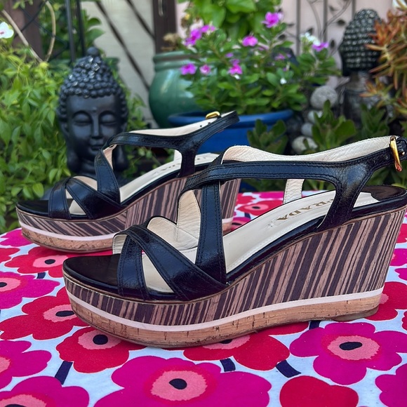 Prada Black Leather Platform Ankle Strap Wedge Sandals EU 38 - Picture 6 of 16